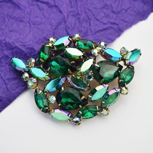 Emerald green crystal brooch, very large rhinestone pin